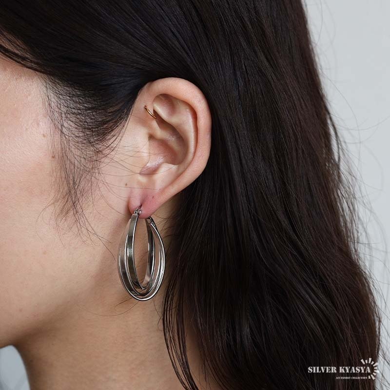 ステンレス 超大ぶりピアス 3連ピアス ツイストピアス フープピアス ゴールド シルバー プチプラ 大きめ 存在感 メタル ワイド 両耳2点 レディース 女性 金属アレルギー対応 イヤリング