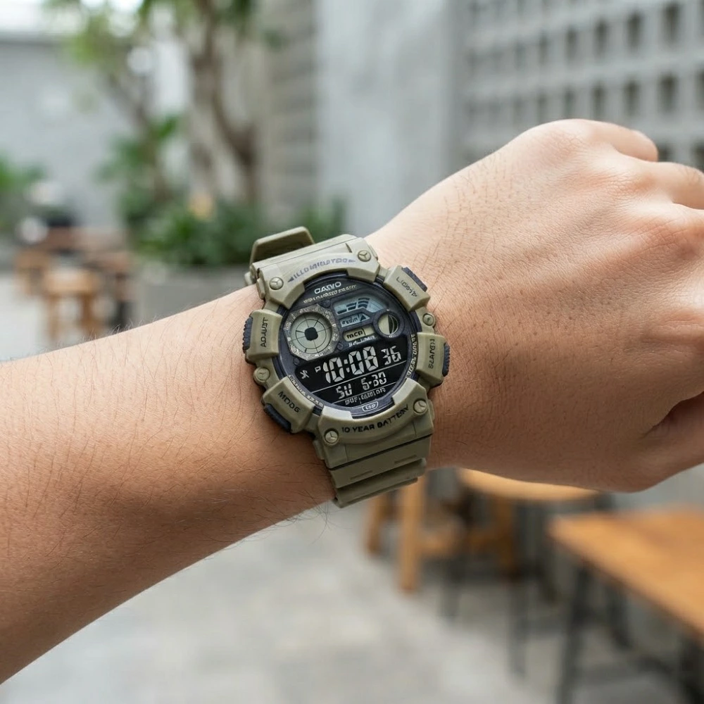 箱なし カシオ 腕時計 メンズ CASIO デジタル ベージュ 10年電池 100m防水 ムーンデータ フィッシングモード ワールドタイム LEDライト スポーツ アウトドア 海外モデル 逆輸入 プレゼント ギフト 成人 卒業 入学