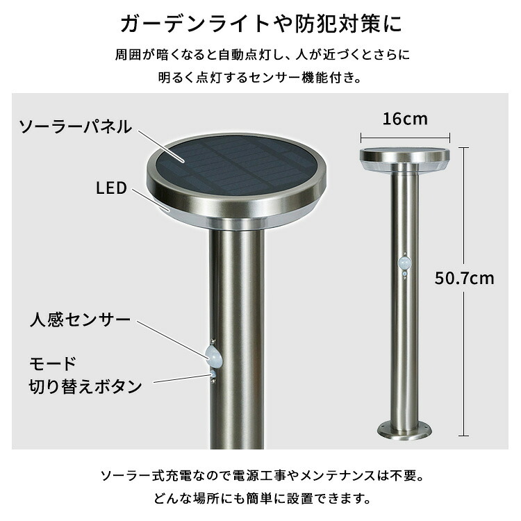 ガーデンソーラーライト 工事不要 ガーデンソーラーセンサー 5W丸型 ソーラー発電 メンテナンス不要 点灯モード 自動点灯 センサー機能 防犯対策 ステンレス製 錆に強い 屋外ライト ガーデンライト 防犯ライト 太陽光 太陽光発電 ソーラー照明 庭照明 新生活