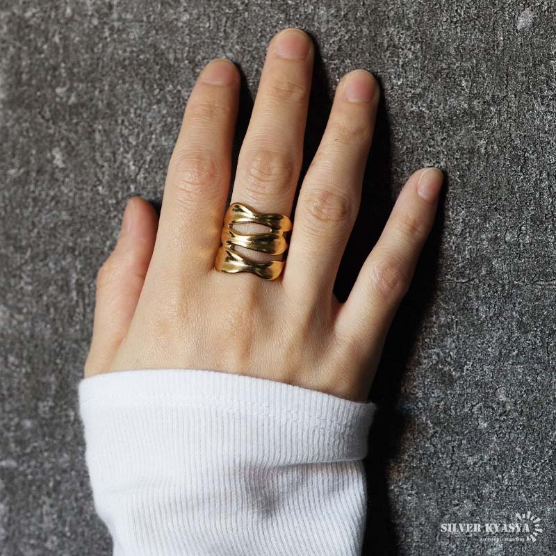 ステンレス ニュアンスリング ごつめ 不規則 メタルリング オープンリング ワイドリング ゴールド シルバー 指輪 太め 大きめ 存在感 お洒落 幾何学 歪み 個性的 プチプラ レディース 女性 金属アレルギー対応