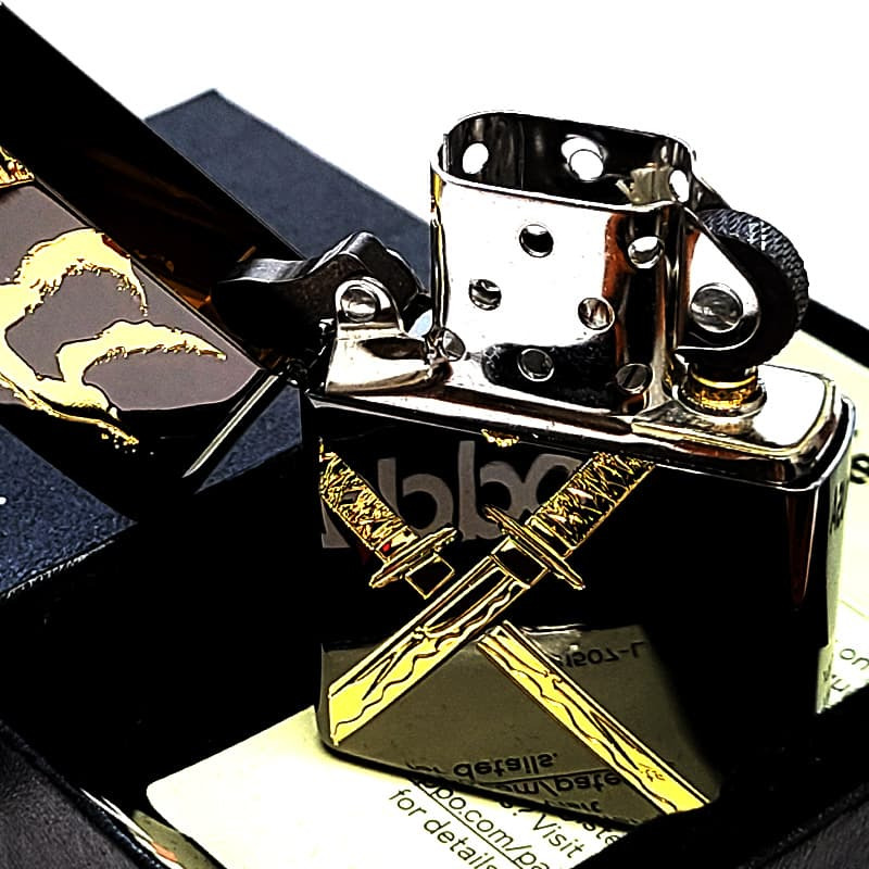 ZIPPO 和柄 刀 ブラック＆ゴールド ジッポ ライター かっこいい 彫刻 日本 金差し 和風 漢字 おしゃれ 黒金 メンズ ギフト プレゼント