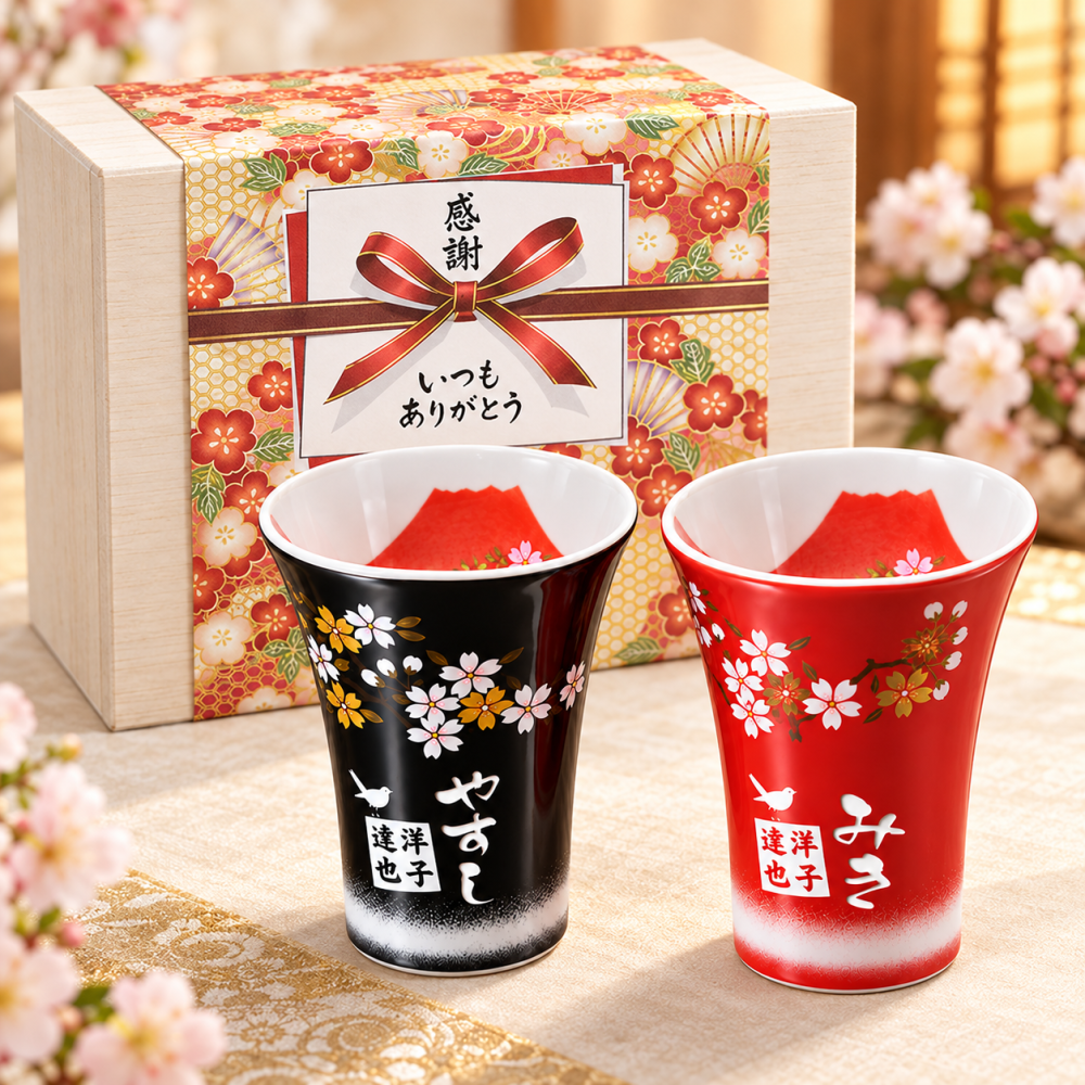 卒業 退職 【名入れ プレゼント ギフト 陶器】有田焼「赤富士」フリーカップ ペア セット