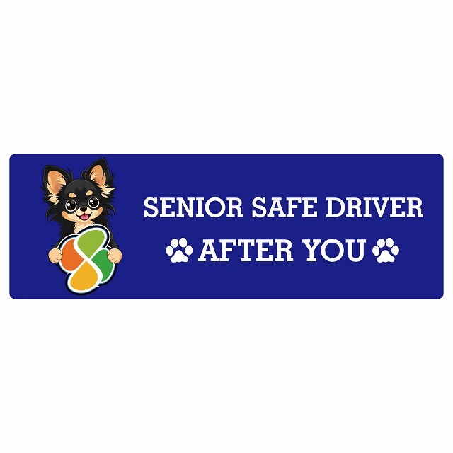 カーサイン 高齢者マーク SENIOR SAFE DRIVER ロングコートチワワ ステッカー シール 長方形 15x5cm 肉球 日本製 車