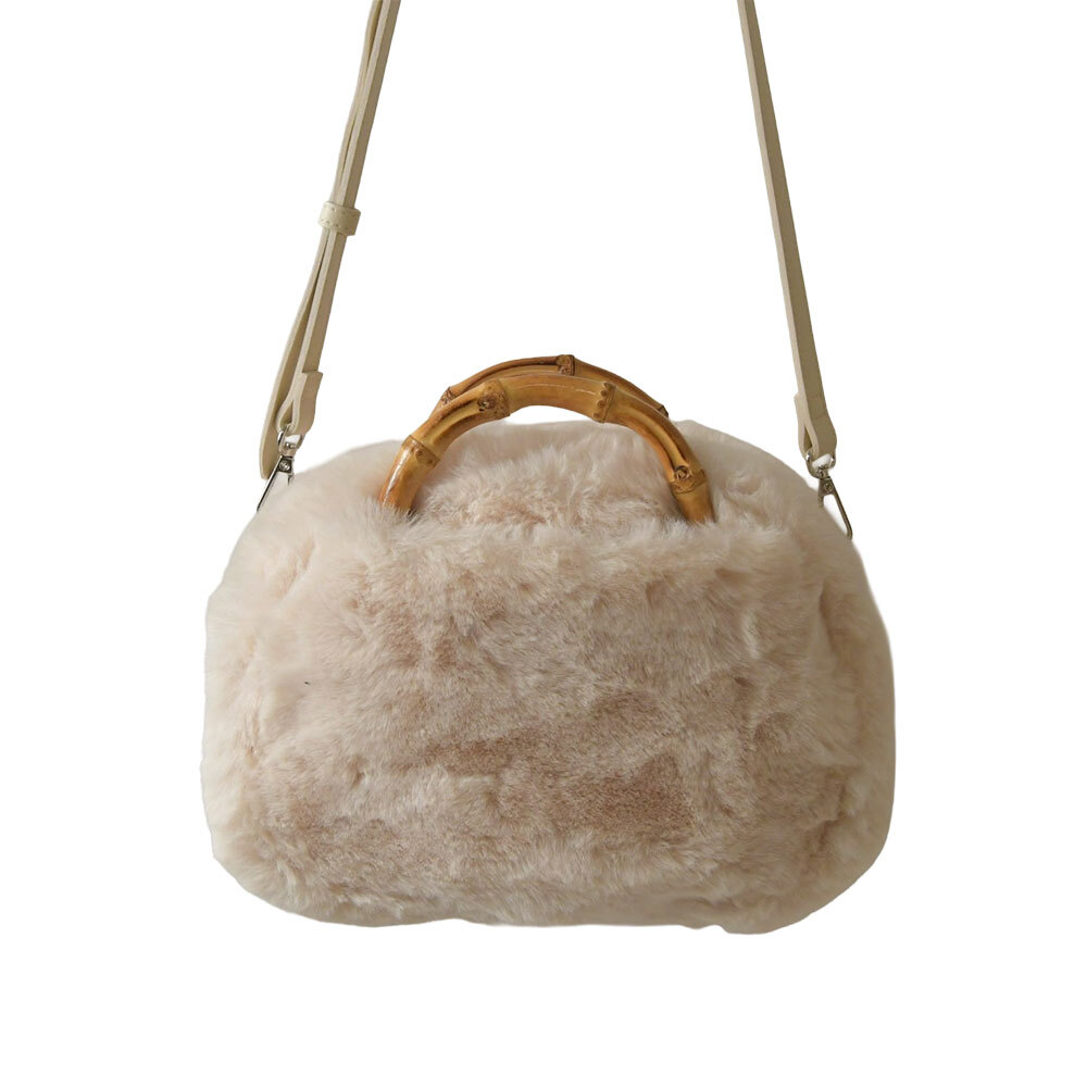 【EARTH MADE アースメイド】FUR BAMBOO ファー バンブーハンドル 2way ショルダー トートバッグ (E8187)正規品 レディース 秋 冬 ハンドバッグ ナチュラル 新作 シンプル おしゃれ コーディネート 人気 60代 50代 40代 30代