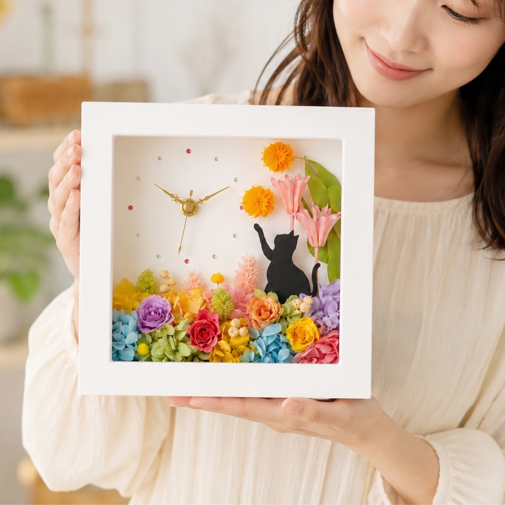 猫 プリザーブドフラワー ギフト 壁掛け 時計 花 【オローニャ】 かわいい 誕生日プレゼント 母親 女友達 誕生日 お祝い 女性 カフェ 開店 出産 退職 送別会 卒業 卒団 記念品 ペット 喜寿 還暦 傘寿 フラワーアレンジメント 雑貨 母の日 花