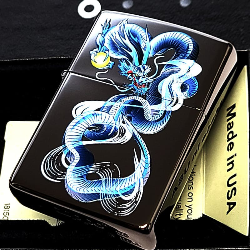 ZIPPO 青龍 ブルー ドラゴン 和柄 ジッポ ライター ブラックニッケル 黒 和風 かっこいい 竜 お守り おしゃれ メンズ ギフト プレゼント