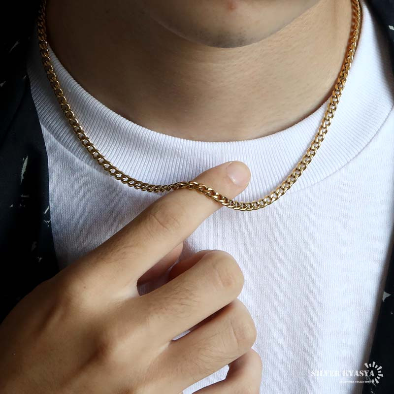 チタン 幅4mm 喜平ネックレス ゴールド メンズ 細身 チェーン アクセサリー シンプル 首飾り 金色 ベーシック カジュアル きれいめ 大人 スタイリッシュ 単品使い 重ね着け コーディネート 定番デザイン 金属アレルギー対応