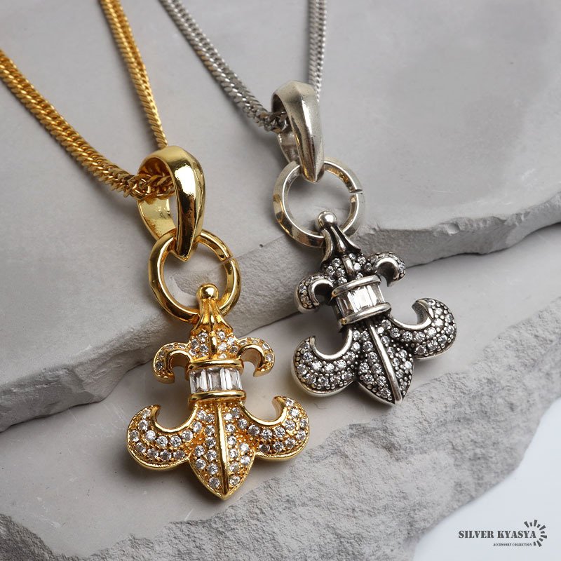 ステンレス フレアネックレス パヴェ 2カラー ダブル喜平 メンズ ペンダント 百合の紋章 ストーン ゴールド シルバー 首飾り アクセサリー 男性用 ユリモチーフ 存在感 重厚 華やか クラシカル チェーン 胸元 個性的 男性