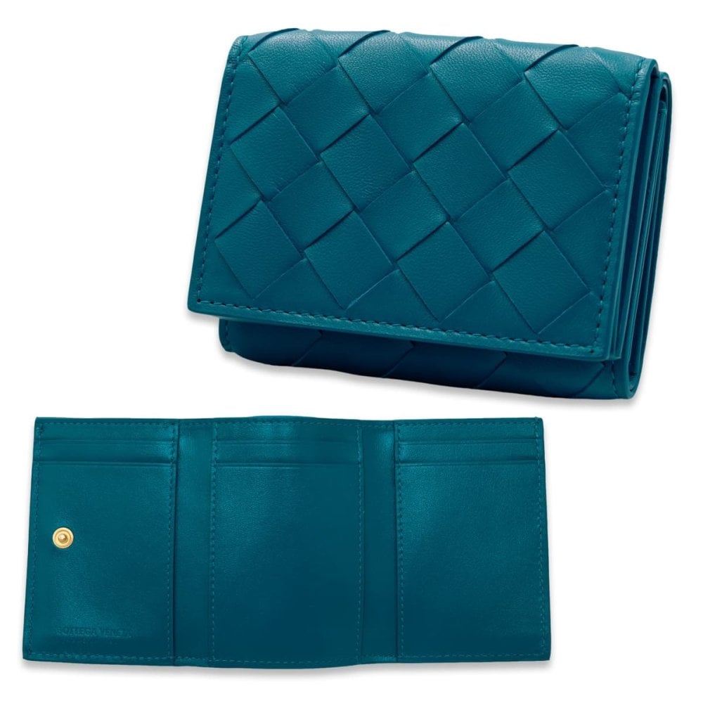 ボッテガヴェネタ BOTTEGA VENETA 三つ折り財布 イントレチャート ブループリント ブルー 青 メンズ レディース ミニ財布 小銭入れ付き カード入れ6つ 本革 レザー ゴールド金具 609285 VCPP2 4403