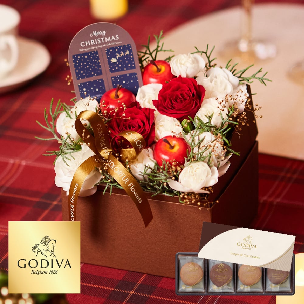 【送料無料】＜そのまま飾れる＞BOXアレンジメント と GODIVA クッキーセット ゴディバ ラングドシャクッキー 生花 フラワーギフト スイーツセット GODIVA 誕生日 記念日 ギフト 花 女性 ガーベラ カーネーション 花 ギフト 宅配 生花 誕生日 お祝い アレンジ プレゼント 女性 母 春 夏 秋 冬 お花 バレンタイン ホワイトデー
