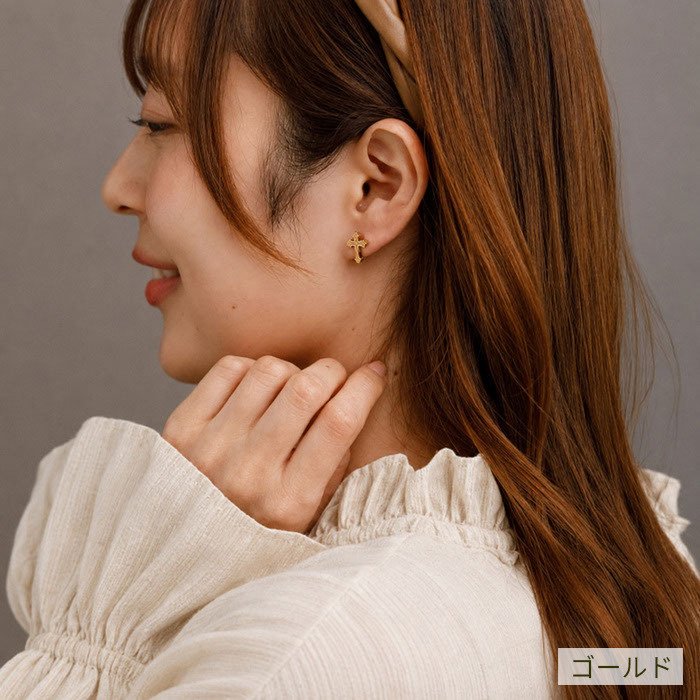 ピアス 金属アレルギー対応 クロス モチーフ ハワイアンジュエリー 片耳用 1個売り サージカルステンレス 316L 大ぶり 十字架 ゴールド シルバー ピンクゴールド 大人 かっこいい