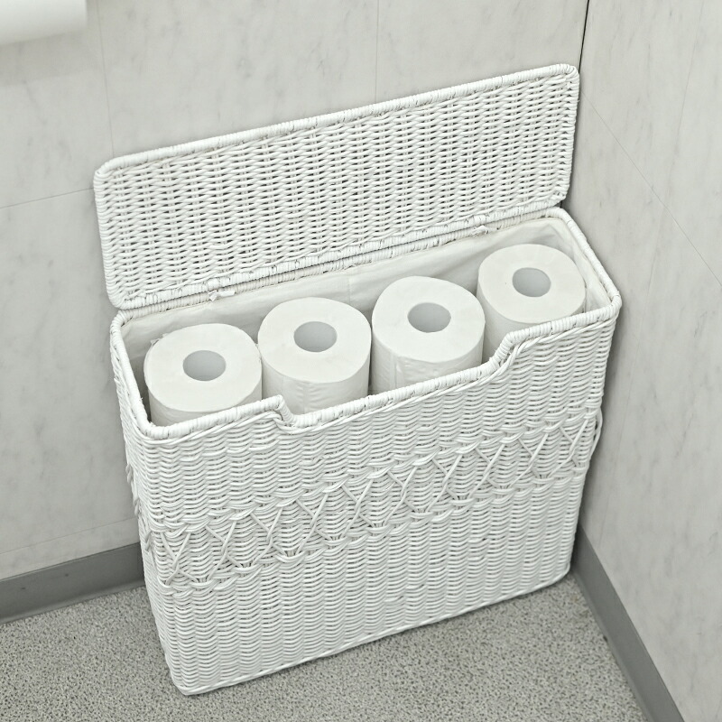 トイレットペーパー 収納 ストッカー ふた付き バスケット ラタン スリム コンパクト おしゃれ かわいい フェミニンデコ ガーリー 姫系 ロマンティック フレンチシャビー ホワイトラタン 白 家具 雑貨 新生活