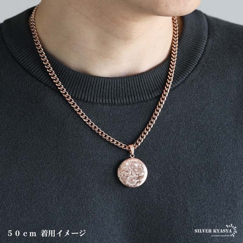 ステンレス ロケットネックレス HIPHOP 喜平チェーンネックレス ロケットペンダント フラワーネックレス 写真 記念 思い出 ハワイアンネックレス 50cm 60cm ピンク 6面カット 花 メンズ 男性 金属アレルギー対応