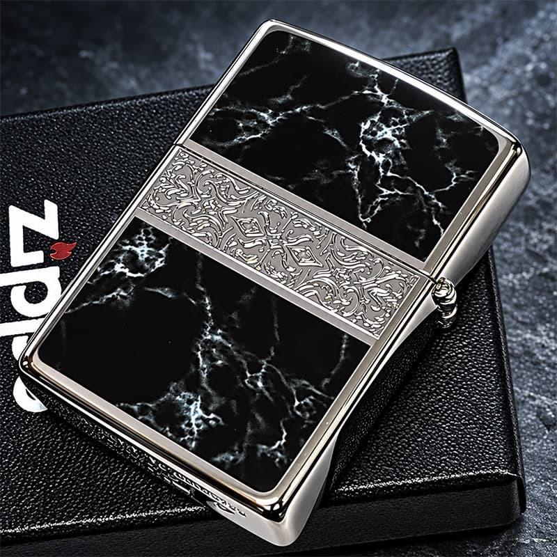 ZIPPO かっこいい アラベスク＆黒大理石 ジッポライター Arabesque Marble 両面加工 彫刻 シルバー ブラック ギフト おしゃれ 黒銀 メンズ プレゼント 送料無料