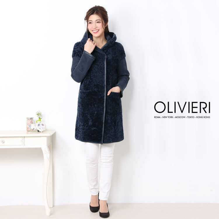 OLIVIERI/オリヴィエリ シェアード ムートン ロング コート ダブルフェイス フード付き イタリア製/レディース 毛皮 ファー ロングコート アウター 秋 冬 ギフト プレゼント 7F (01000692r)