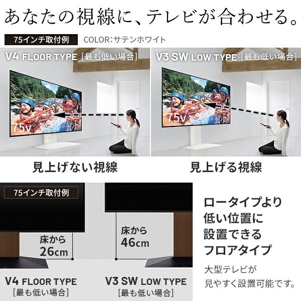 WALLインテリアテレビスタンドV4 フロアタイプ 50～100v対応 壁寄せテレビ台 TVスタンド 大型テレビ専用 背面収納コード収納 ホワイト 白 ブラック 黒 ウォールナット ブラウン 震度7耐震試験済み テレビ台 新生活