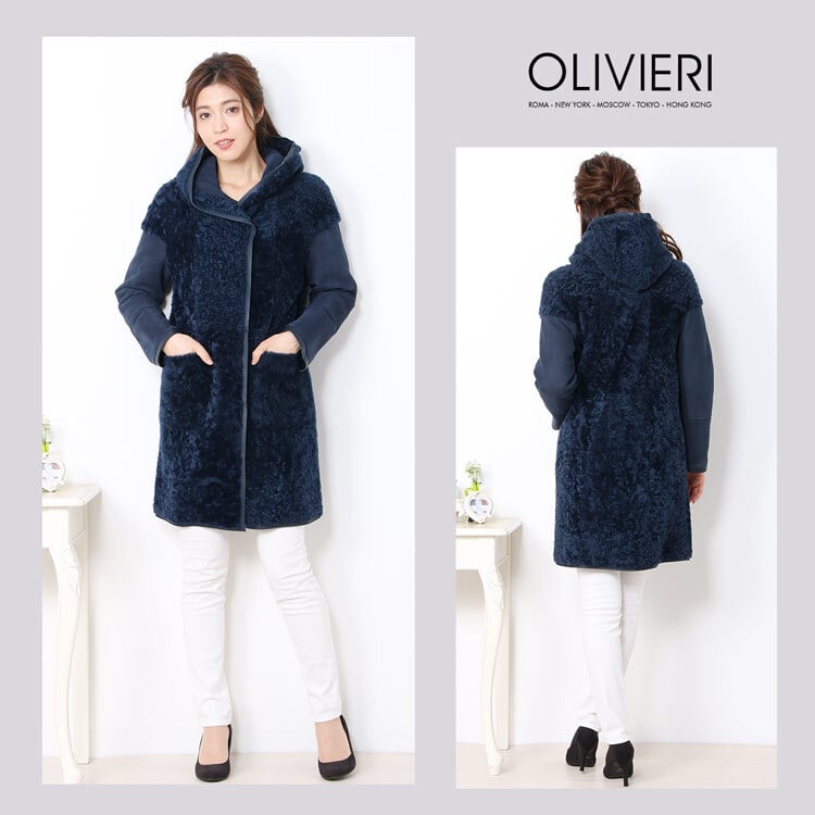 OLIVIERI/オリヴィエリ シェアード ムートン ロング コート ダブルフェイス フード付き イタリア製/レディース 毛皮 ファー ロングコート アウター 秋 冬 ギフト プレゼント 7F (01000692r)
