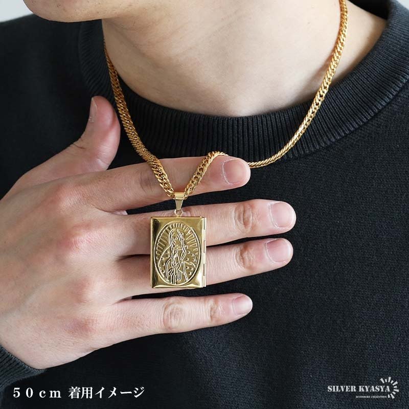 ステンレス ロケットネックレス HIPHOP ダブル喜平チェーンネックレス ロケットペンダント マリアネックレス 写真 記念 思い出 50cm 60cm ゴールドネックレス 18KGP シルバー 聖母 6面カット メンズ 男性 金属アレルギー対応