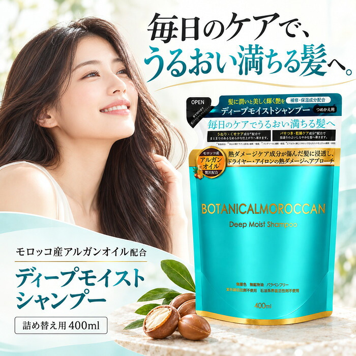 MOROCCANボタニカルシャンプー 400ml / モロッカンシャンプー アルガンオイル ボタニカル 保湿 うねり くせ毛 パサつき ダメージケア セラミド ケラチン シルク しっとり / アルガンオイルと16種の保湿成分