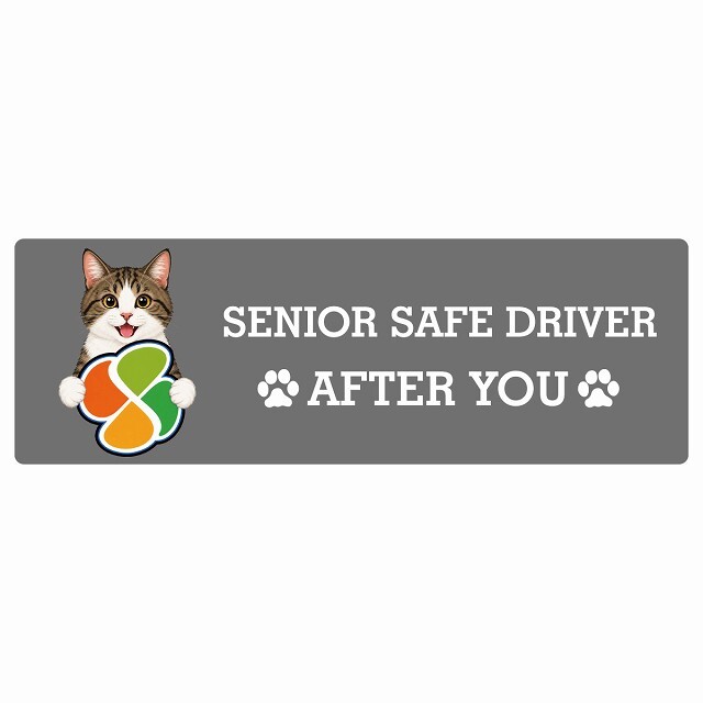 カーサイン 高齢者マーク SENIOR SAFE DRIVER キジ白 ステッカー シール 長方形 20x6.7cm 肉球 日本製 車