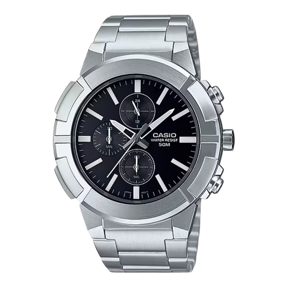 希少デザイン カシオ 腕時計 メンズ シルバー ブラック 希少デザイン CASIO 海外モデル クロノグラフ 24時間計 50m防水 ステンレス メタル 大型 プレゼント ギフト 収納ケース付き 成人 卒業 入学