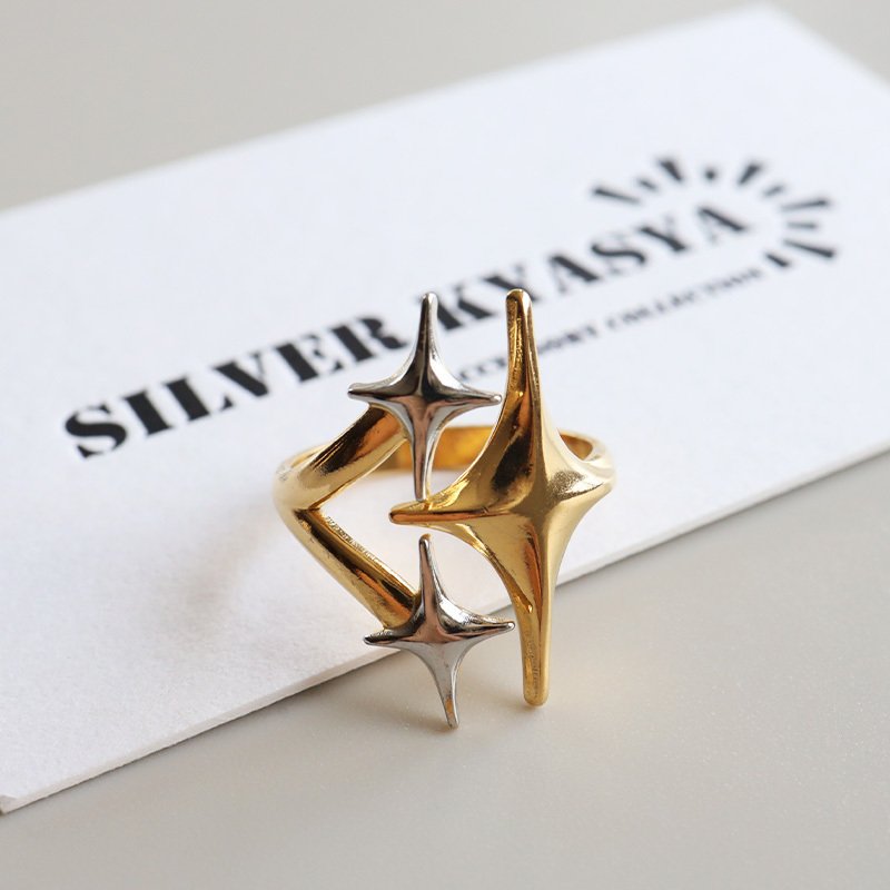 ステンレス スターリング 星 ごつめ コンビカラー メタルリング ワイドリング ゴールド シルバー 指輪 太め 大きめ 存在感 お洒落 幾何学 個性的 プチプラ マルチ ミックス レディース 女性 金属アレルギー対応