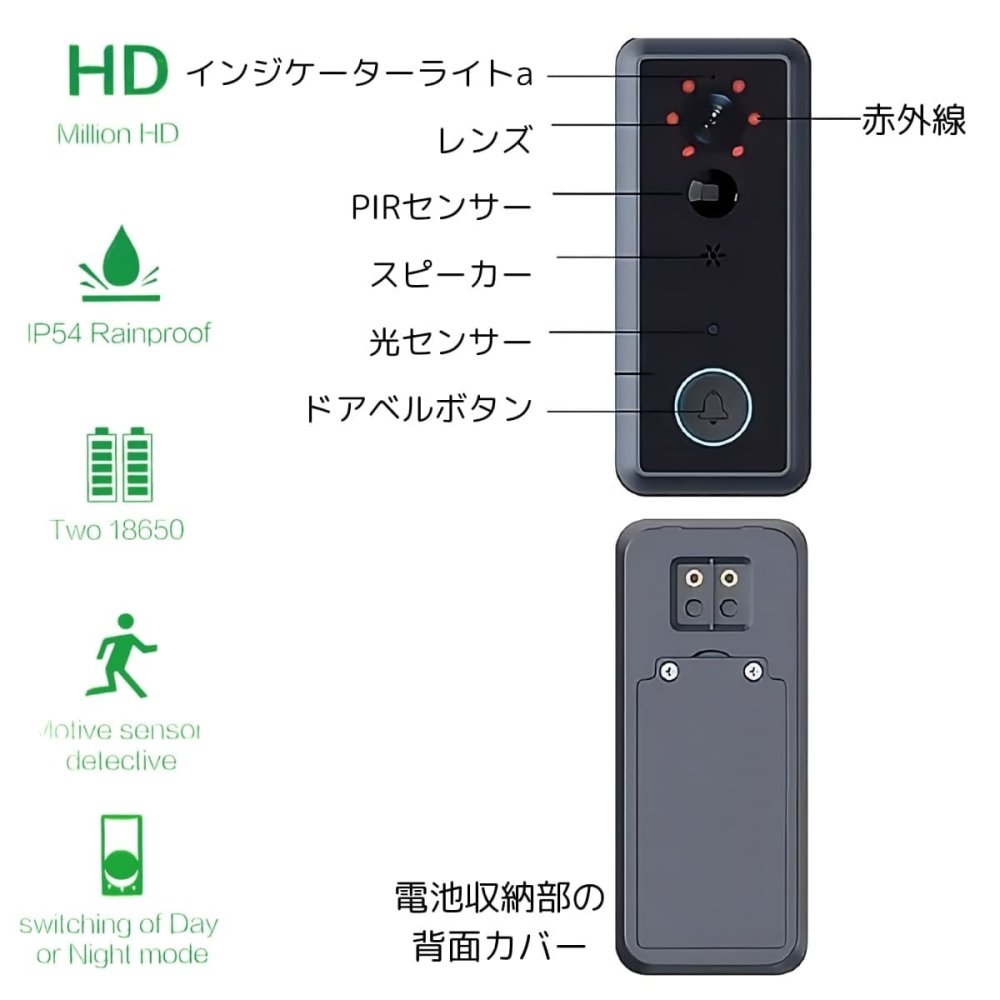 ドアカメラ   MV01  WIFI式インターホン   ドアフォン   防犯   動体検知   ミリオンHD   155度 広角レンズ   赤外線照射機能   防水IP54   双方向オーディオの機能   住宅設備ドアホン   インターホン   設置も簡単   ※注意点 2.4GHzのWiFiのみに対応。