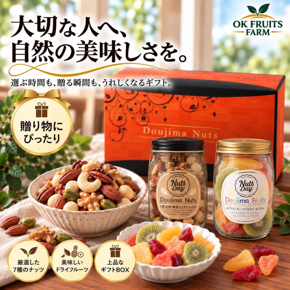 お歳暮 ギフト ナッツ お菓子 親 変わり種 おしゃれ 年配 送料無料 高級 健康食品 御中元 プレゼント ナッツ ギフト おつまみ テレビで話題！ ギフト プレゼント スイーツ 無塩のプレミアム堂島7種類ミックスナッツとドライフルーツソムリエが厳選した6種類のドライフルーツミックス 北新地・百貨店でお土産に使われています。【堂島ナッツ＆フルーツ中瓶セット】
