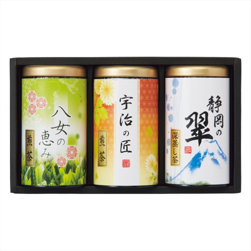 緑風園 三銘茶 詰め合わせ ギフトセット 3種 各100g入 日本茶 緑茶 宇治茶 八女茶 静岡煎茶 缶
