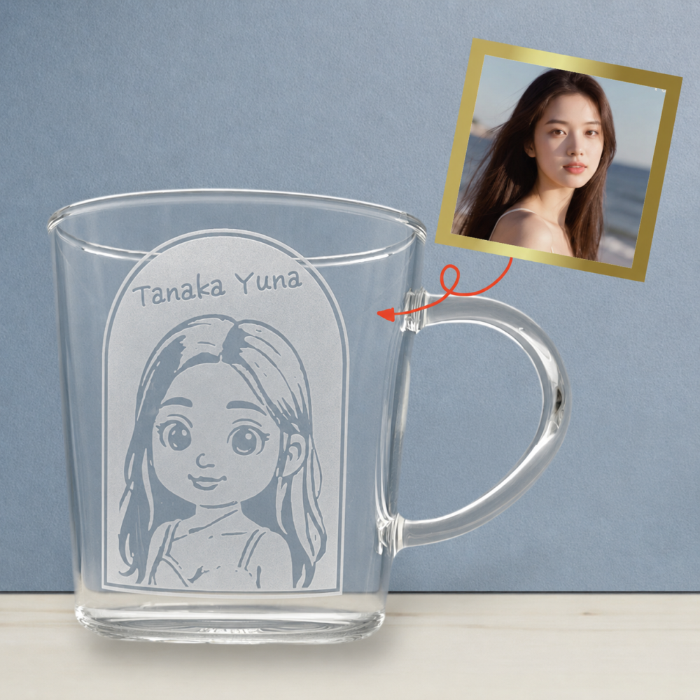 【リアル ドール アニメ 選べる似顔絵 彫刻グラス】アーチグラス 300ml 写真から似顔絵 選べる似顔絵 世界にひとつのオーダーメイドグラスです