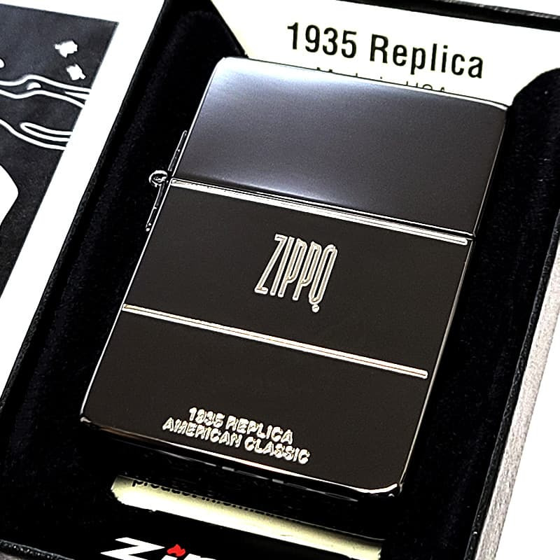 ZIPPO ライター 1935 クラシックロゴ ジッポ ブラックニッケル 黒 角型 外ヒンジ 3バレル エッチング彫刻 銀差し シンプル かっこいい 高級 ギフト メンズ プレゼント