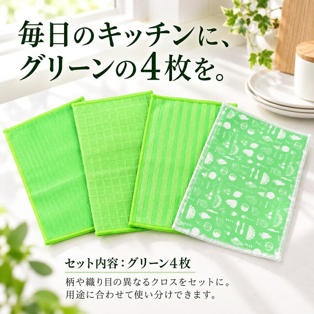 キッチンクロス 4枚セット 大判 30×30cm キッチンタオル 水切りタオル ふきん 吸水 食器拭き 台拭き おしゃれ くすみカラー グリーン まとめ買い