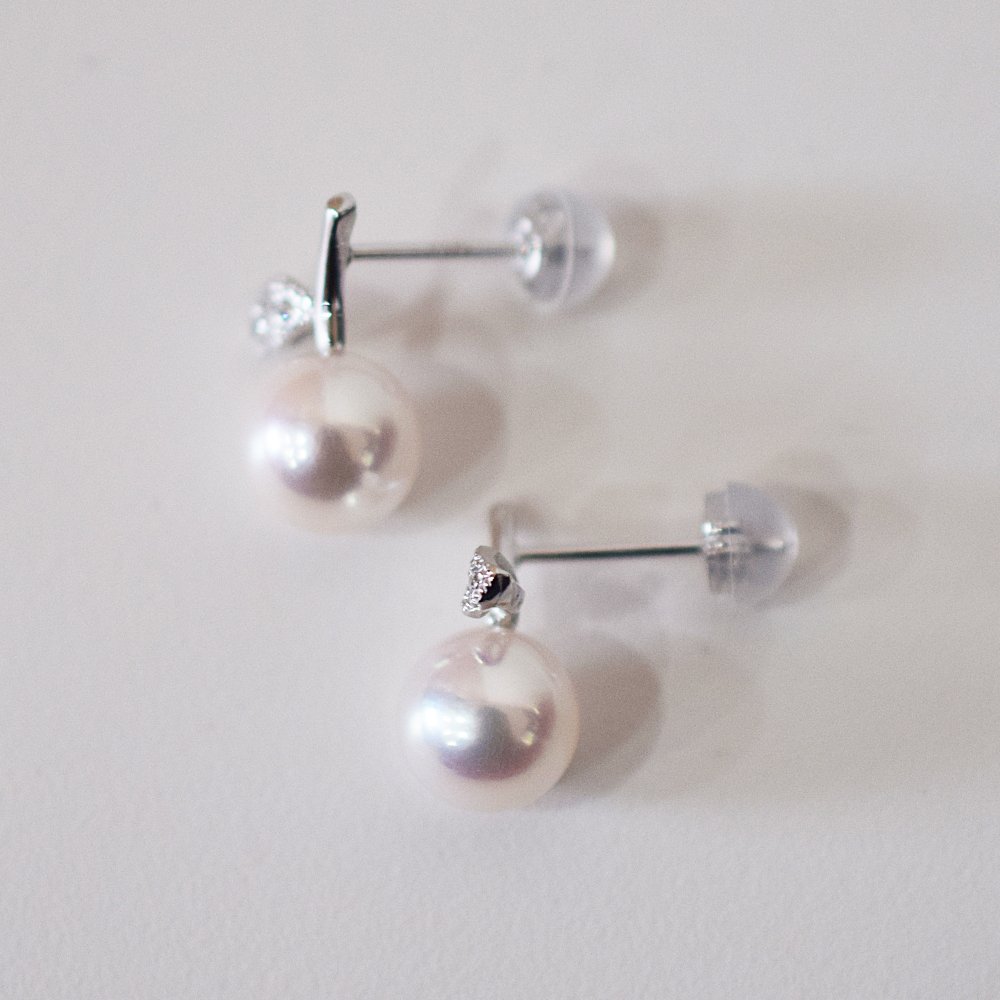 ［pearl553］ 7.5mm -  8mm パール ピアス リンゴ ダイヤ あこや真珠 K18WG 0.02ct ダイヤモンド 珍珠 天草