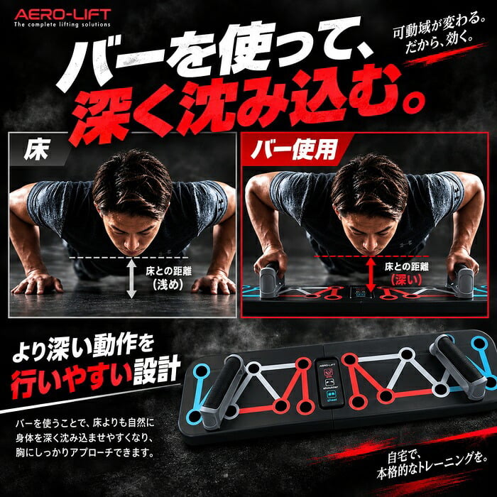 持ち運べる負荷調節式プッシュアップボード / プッシュアップボード 腕立て伏せ 筋トレ器具 大胸筋 肩 上腕三頭筋 宅トレ 家トレ 折りたたみ コンパクト 負荷調節 防滑 持ち運び / 胸・肩・腕を狙って鍛えられる本格トレーニング器具