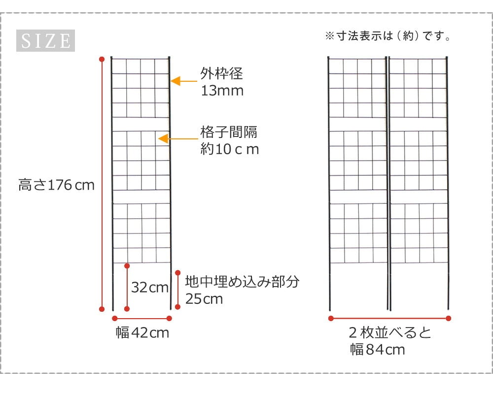 アイアンフェンス 高さ176cm 幅42cm 2枚セット ガーデンフェンス スリム 地面に挿す トレリス つる植物 薔薇 バラ クレマチス 朝顔 グリーンカーテン 園芸 柵 仕切り 格子 アンティーク ブラック 屋外 ベランダ プランター グラフ 花壇用