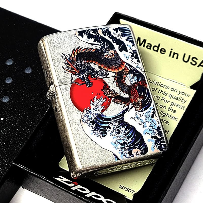ZIPPO 和柄 波龍 ジッポ ライター アンティークシルバー バレル仕上げ かっこいい ドラゴン 和風 竜 お守り 銀 おしゃれ 渋い メンズ ギフト プレゼント