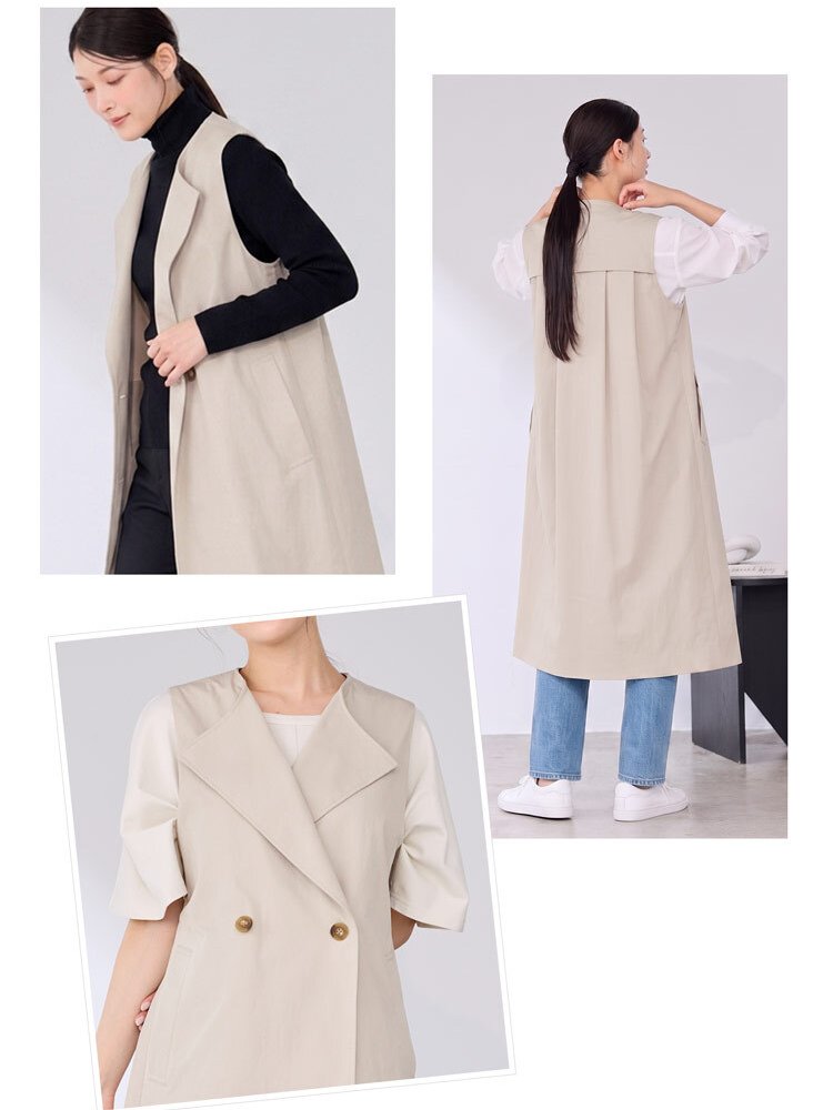 4WAY トレンチコート ロングベスト ショートジャケット 2点セット レディース HALEINE アレンヌ トレンチ コート ジャケット ベスト ストレッチ きれいめ 羽織り 通勤 秋 アウター ライトアウター レイヤード トレンチベスト 6F (08000372r)