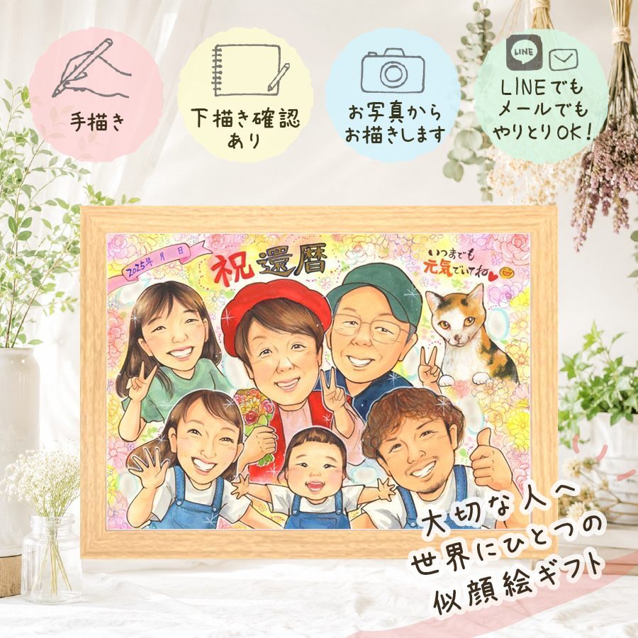 似顔絵 プレゼント 還暦祝い 贈り物 手描き ギフト 名入れ 還暦 お祝い 誕生日 60歳 記念日 大人数 お母さん 両親 お父さん 家族 名入れ 修正無料 下書き確認 かわいい 実績多数 サプライズ そっくり 思い出 長寿 60歳 還暦 百寿祝い お祝いの品 オリジナル 卒寿祝い 結婚祝い 初任給 感謝 米寿祝い 感謝の品 快気祝い お祝い返し バレンタインデー