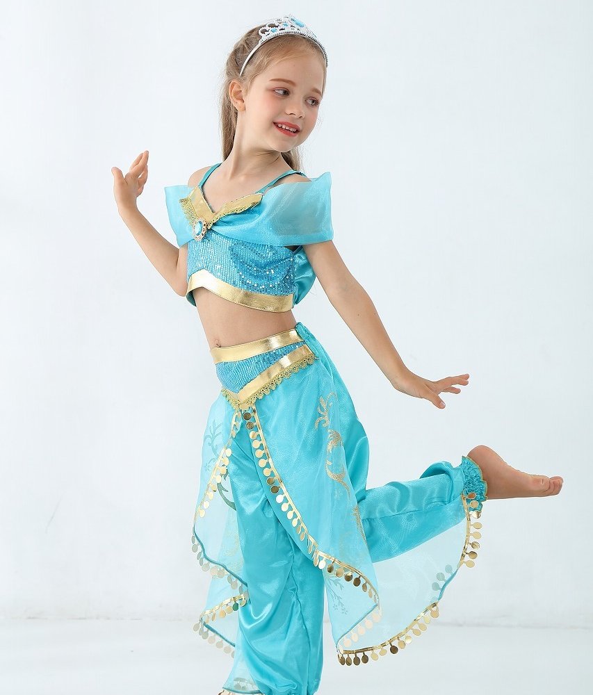 ジャスミン 衣装 子供 アラジン プリンセス ドレス 子供用 ハロウィン クリスマス 仮装 コスプレ アラビアン 女の子 ダンス衣装 お姫様 仮装 なりきり コスチューム TDL パーティー  舞台 誕生日 プレゼント ギフト ビスチェ パンツ ヘアバンド ティアラ 4点セット