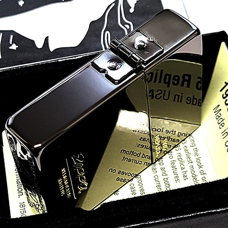 ZIPPO ライター 1935復刻 レプリカ ジッポ オールドロゴ ブラックニッケル 金差し 角型 外ヒンジ 3バレル シンプル 彫刻 黒 おしゃれ 高級 メンズ かっこいい プレゼント ギフト