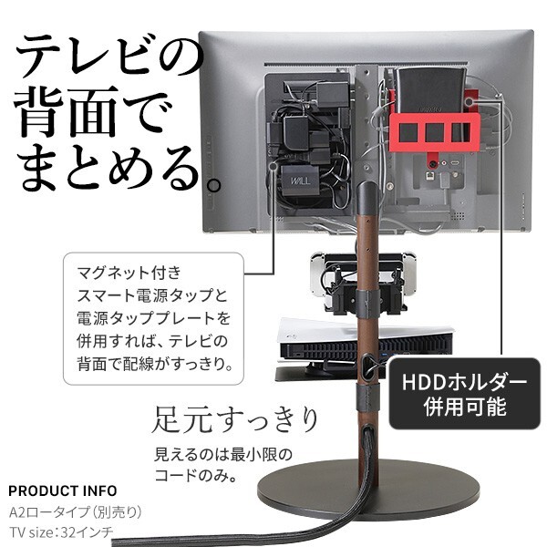WALL SEVENSTAND セブンスタンド A2対応 スマート設置オプションセット-電源タップ-電源タッププレート ケーブル収納 コード収納 背面収納 整理 配線整理 ブラック スチール製 延長コード セット すっきり おしゃれ パーツ 部品 モダン