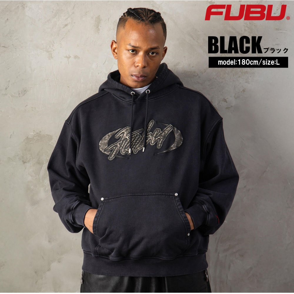 FUBU フブ パーカー メンズ レディース fam-62704 フェイクレザー パッチ フーディー プルオーバー スウェット ウォッシュ加工 ビッグシルエット ストリート ヒップホップ ダンス カジュアル トップス M L XL XXL 2026FW Karlas