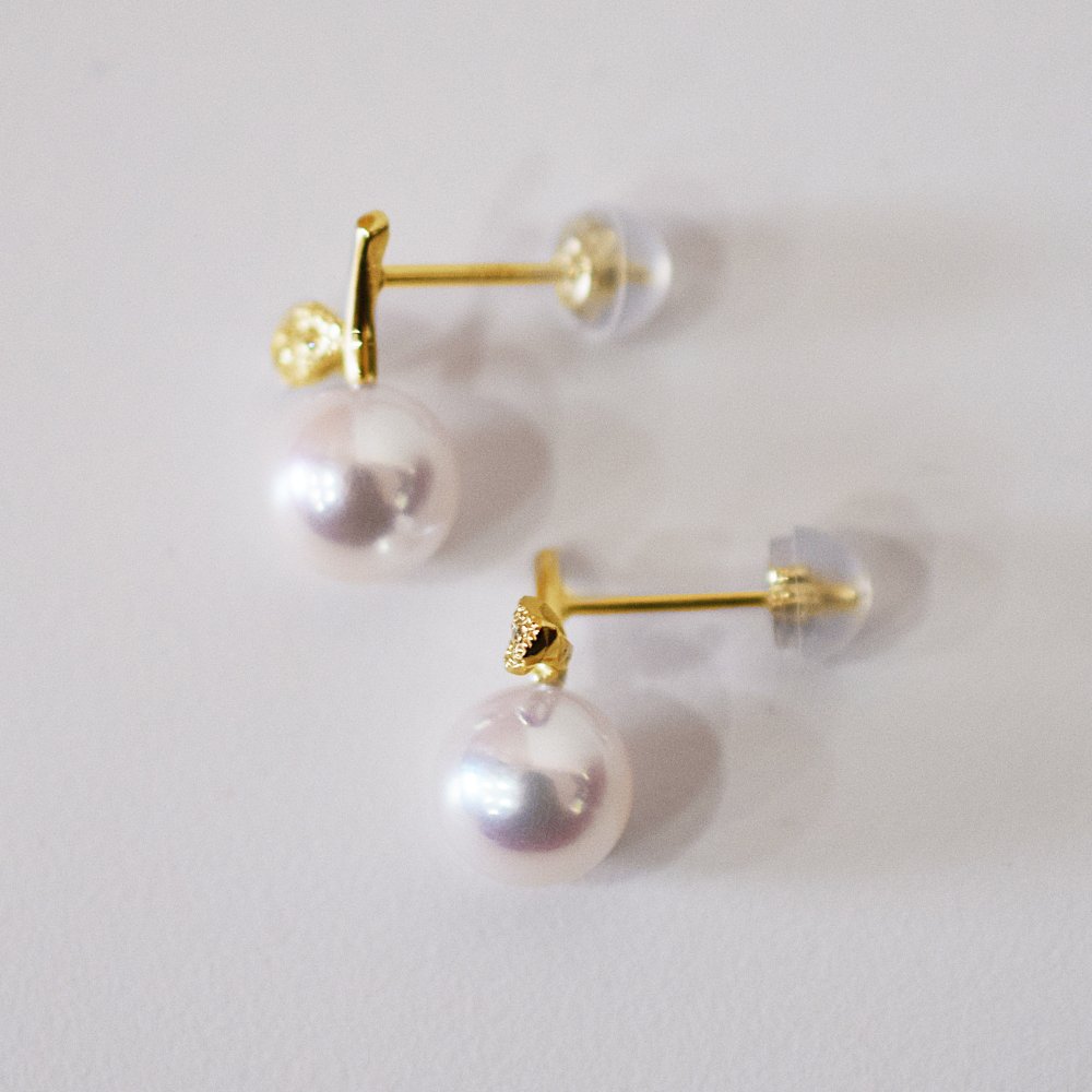 ［pearl553］ 7.5mm -  8mm パール ピアス リンゴ ダイヤ あこや真珠 K18YG 0.02ct ダイヤモンド 珍珠 天草