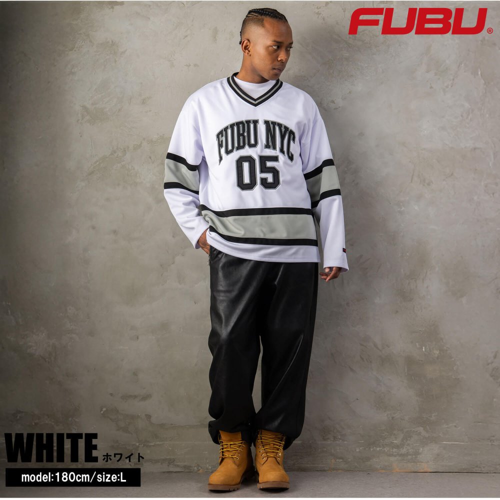 FUBU フブ ホッケーシャツ メンズ レディース fam-62712 ホッケージャージ ゲームシャツ 長袖 Vネック ナンバリング ロゴ プリント オーバーサイズ ストリート ヒップホップ ダンス カジュアル M L XL XXL 2026FW Karlas