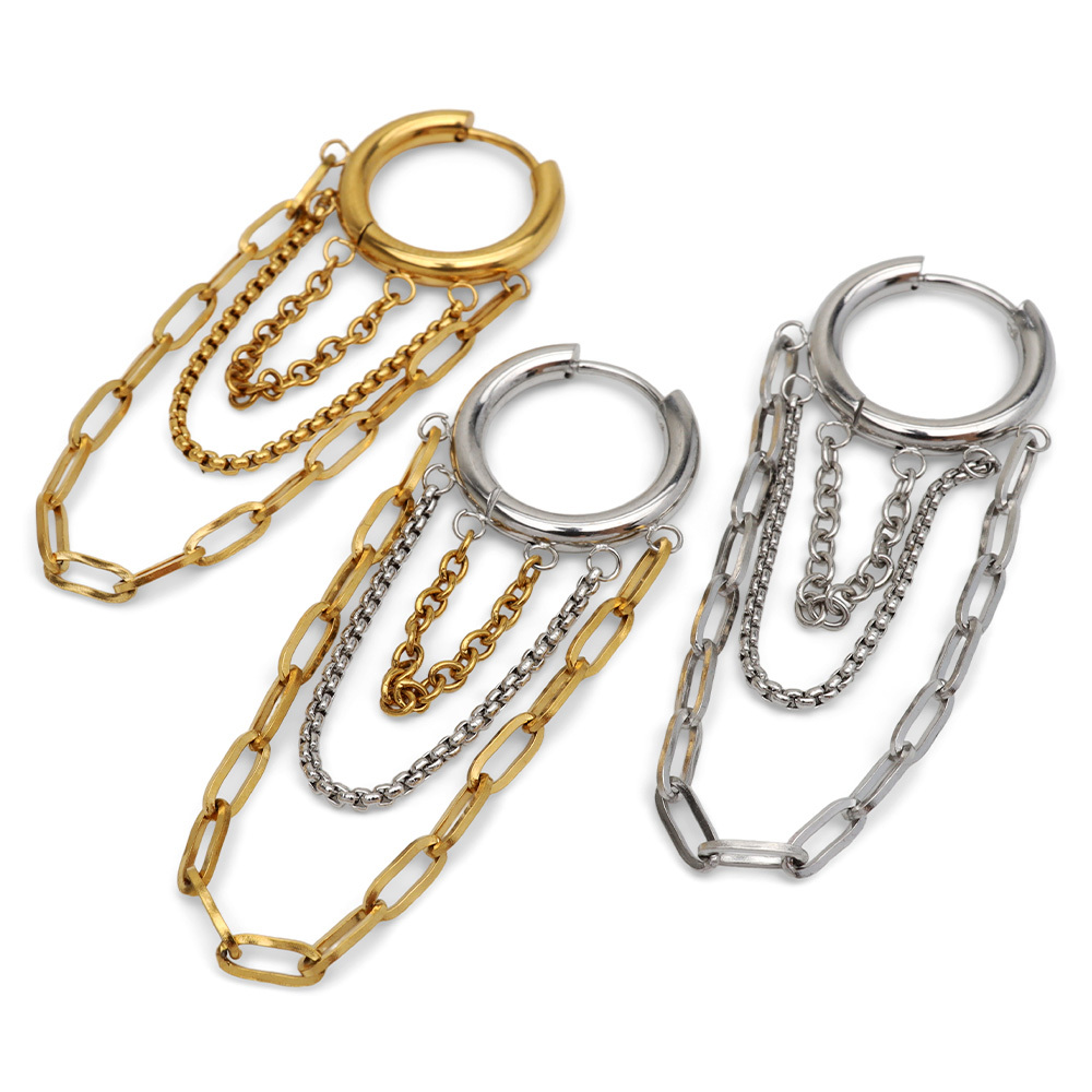ステンレス 3連チェーンピアス 3カラー 18KGP レディース フープピアス ロングチェーン 揺れる 大ぶり 韓国ファッション モード カジュアル きれいめ 個性的 アクセサリー 耳飾り イヤージュエリー 存在感 華やか 片耳用 1点