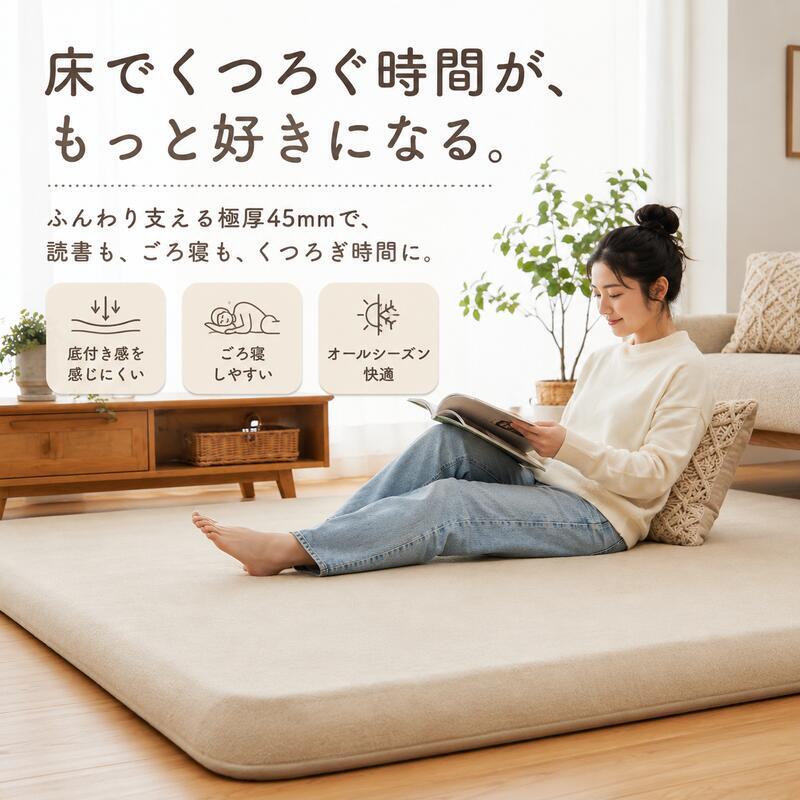 ラグ 極厚45mm ロボット掃除機対応 1.5畳 2畳 3畳 130×190 190×190 190×240cm 厚手 防音 ΔLL-8 はっ水 つまずきにくい 斜めフチ 滑り止め 床暖房対応 オールシーズン 無地 低ホルムアルデヒド ラグマット 北欧