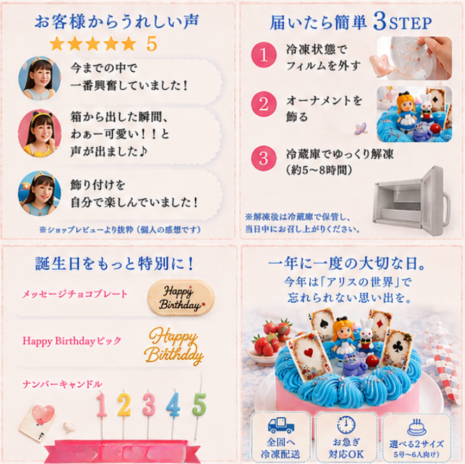 不思議の国 アリス 誕生日ケーキ 5号 女の子 子供 バースデーケーキ ホールケーキ かわいい カラフル レインボー いちご 冷凍ケーキ デコレーションケーキ ギフト 誕生日プレゼント お祝い 翌日配送 お急ぎ 送料無料