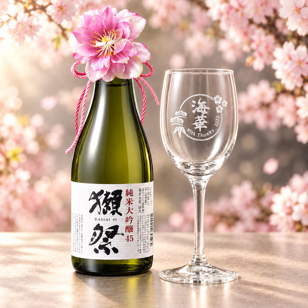 卒業 退職 名入れ SXX 酒セット グラス 日本酒 獺祭 純米大吟醸 45 180ml & おまかせワイングラス 紐リボン・コサージュ付 ギフトBOX入り / プレゼント ギフト 退職 記念 誕生日 還暦 古希 喜寿 傘寿 米寿 緑寿 早寿 長寿 祝い