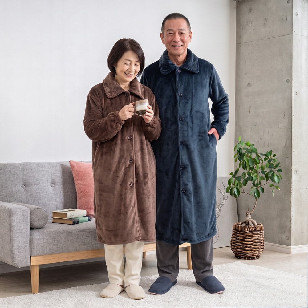 着る毛布 ガウン 吸湿発熱 柔軟加工 静電気防止 ロング丈 ルームウェア ナイトウェア パジャマ 羽織り ポケット付き ゴム袖 メンズ レディース 紳士 婦人 ネイビー ブラウン
