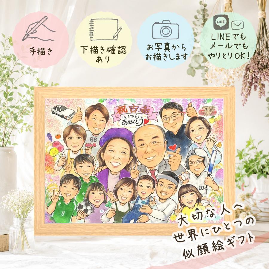 似顔絵 古希祝い ギフト プレゼント 手描き 贈り物 名入れ 古希 70歳 誕生日 長寿祝い 長寿 大人数 お母さん お父さん 両親 家族 名入れ 下書き確認 修正無料 喜ばれる 似てる 親孝行 かわいい 長寿祝い 思い出 70歳 卒寿祝い ブライダルギフト メモリアル イラスト 感動 オリジナル 百寿祝い ハロウィン クリスマス お祝い返し 感激 快気祝い
